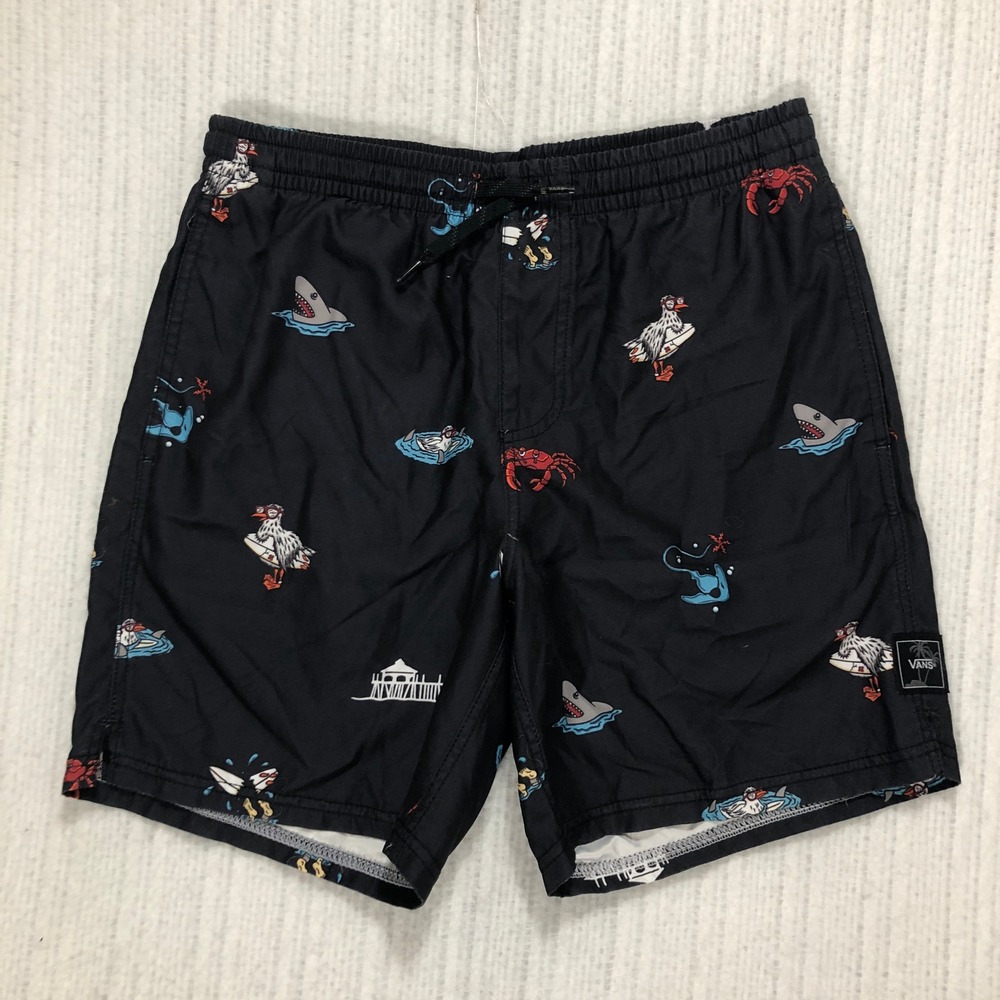 Vans Mens Swim Trunks Black Shark Crab Seagull Print Shorts Small